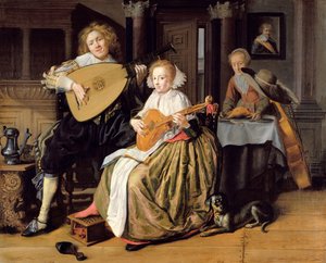 En ung man som spelar en Theorbo och en ung kvinna som spelar en cittern, ca 1630-32